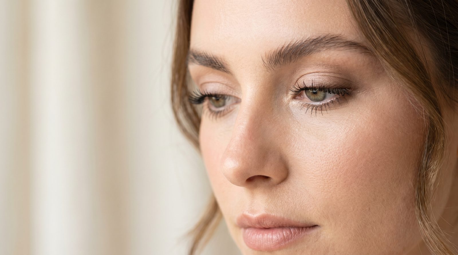 Soft glam bridal close-up — natural luminous finish